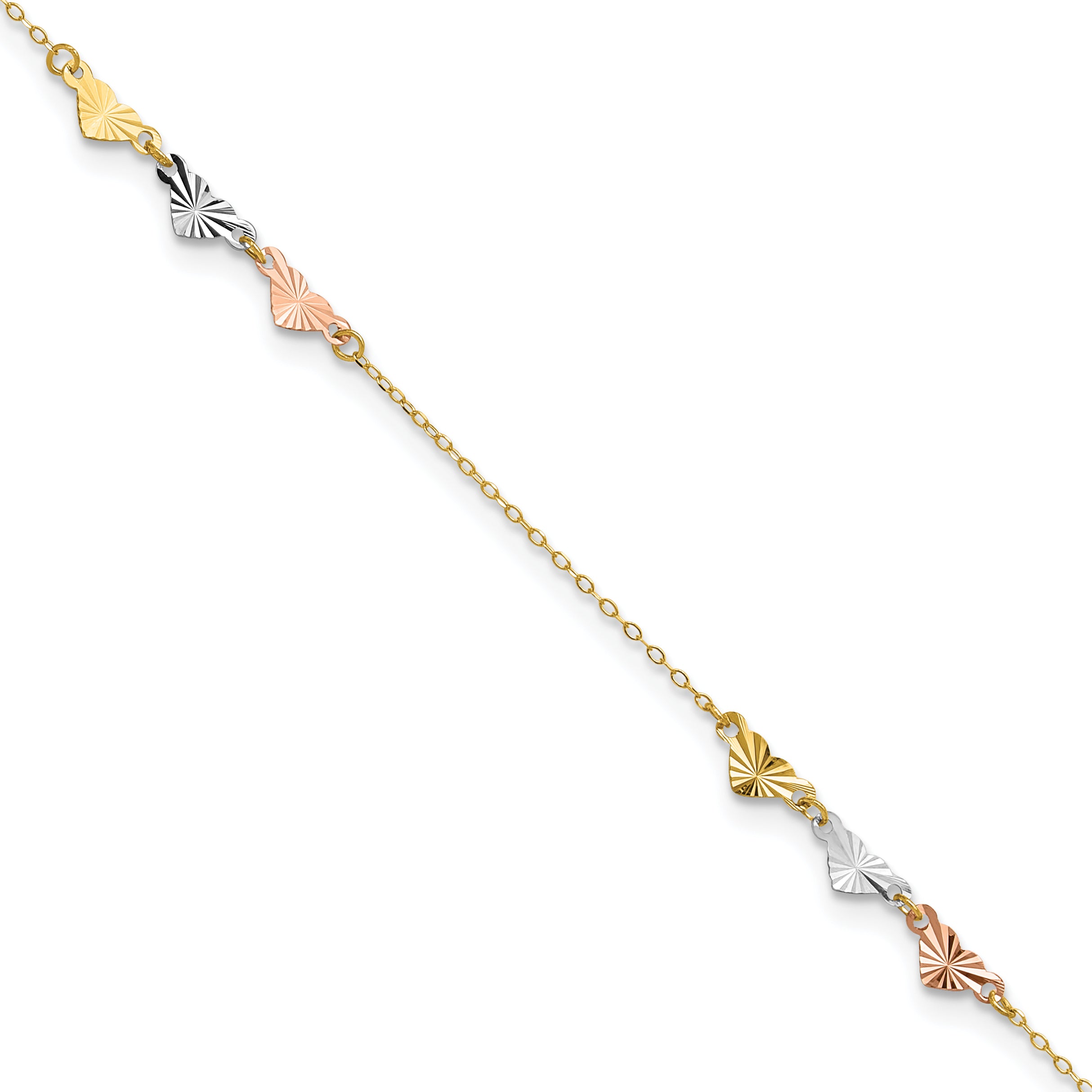 14K Tri-Color Diamond-cut Hearts 9 inch Plus 1 inch Extender - Total 10 inch Anklet - Sophia Jewelers