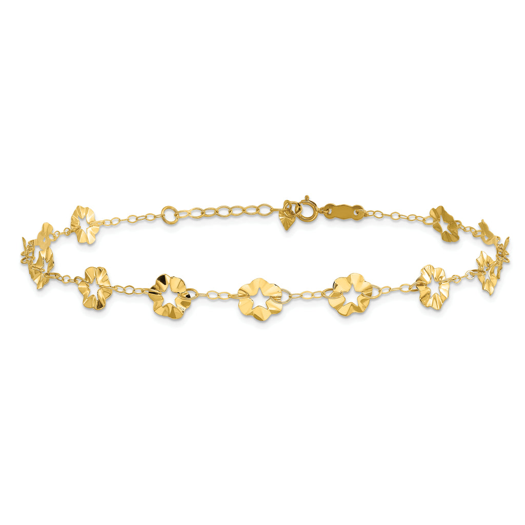 14k Ruffle Star Flowers 10 inch Plus 1 inch Extender - Total 11 inch Anklet - Sophia Jewelers
