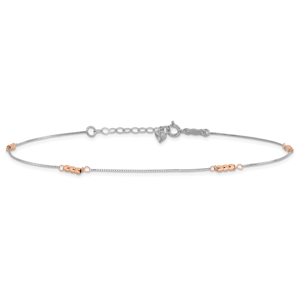 14K Two-Tone Mirror Beaded 4-Station 9 inch Plus 1 inch Extender - Total 10 inch Anklet - Sophia Jewelers