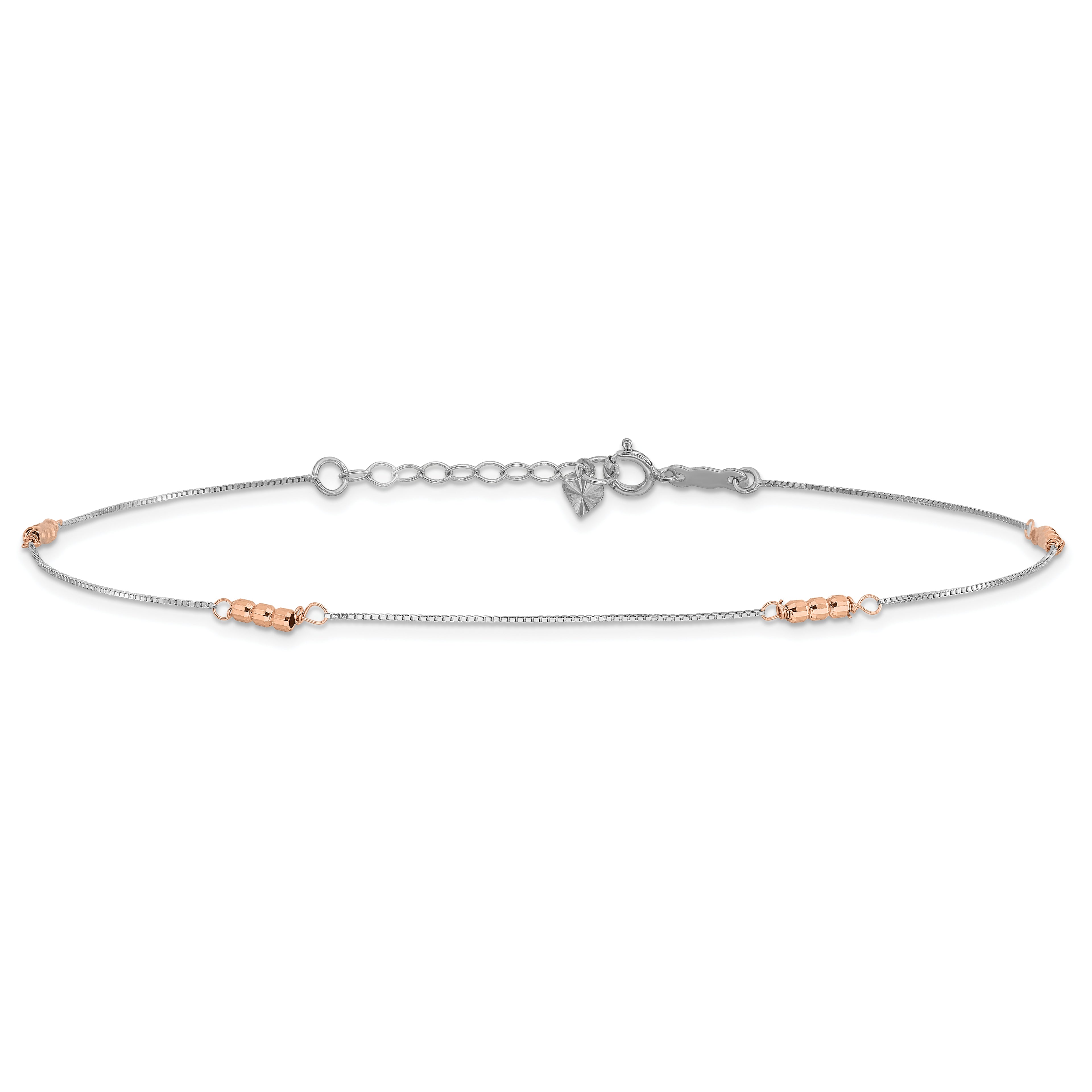 14K Two-Tone Mirror Beaded 4-Station 9 inch Plus 1 inch Extender - Total 10 inch Anklet - Sophia Jewelers
