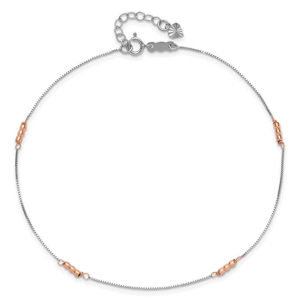 14K Two-Tone Mirror Beaded 4-Station 9 inch Plus 1 inch Extender - Total 10 inch Anklet - Sophia Jewelers