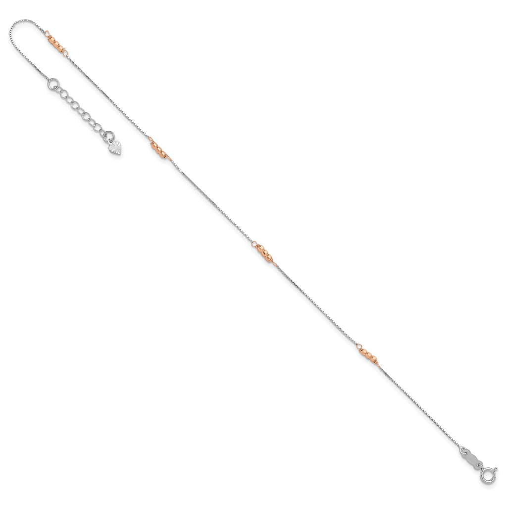 14K Two-Tone Mirror Beaded 4-Station 9 inch Plus 1 inch Extender - Total 10 inch Anklet - Sophia Jewelers