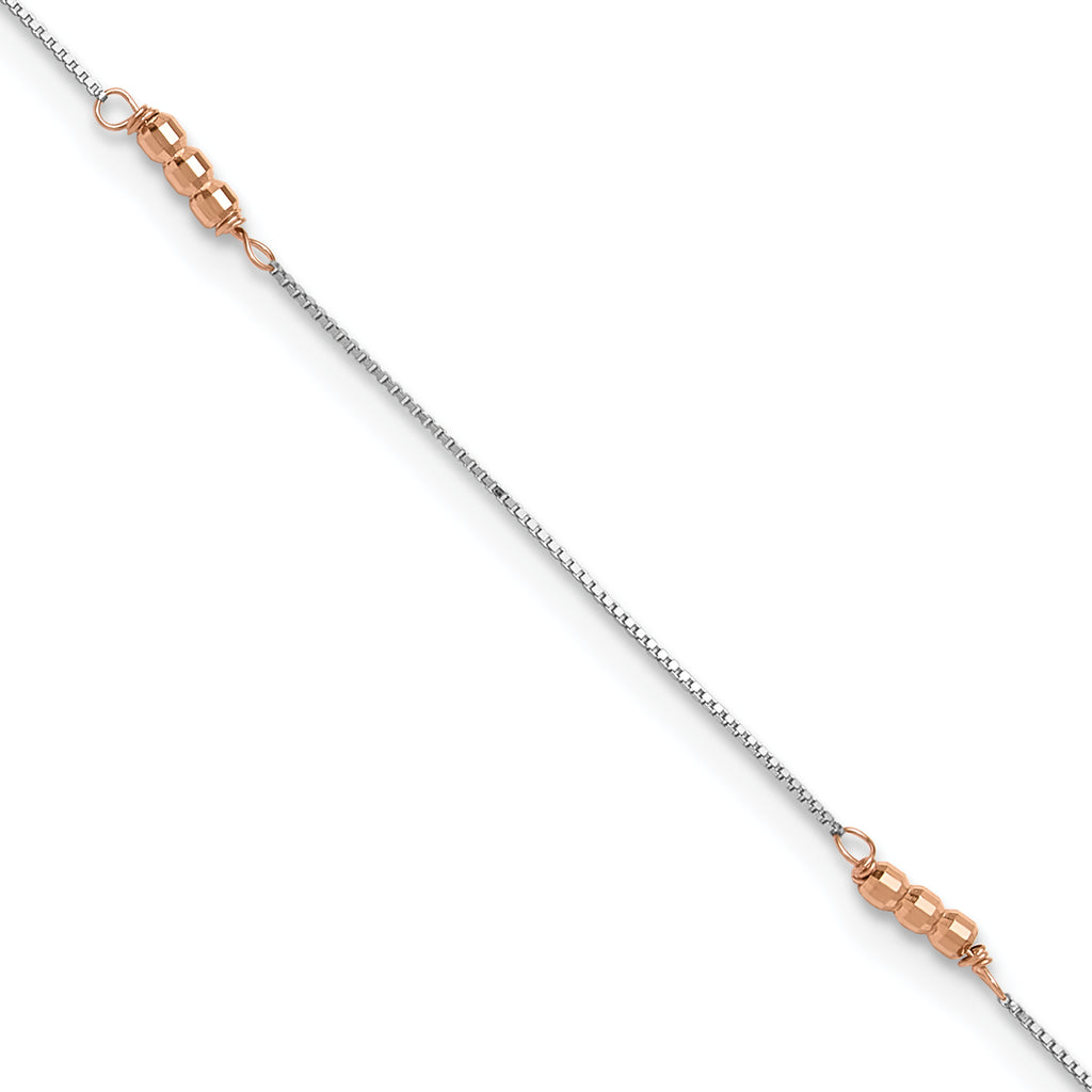 14K Two-Tone Mirror Beaded 4-Station 9 inch Plus 1 inch Extender - Total 10 inch Anklet - Sophia Jewelers