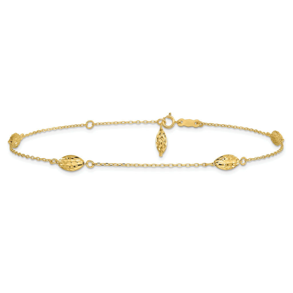 14k Diamond-cut Rice Puff Beads 4-Station 9 inch Plus 1 inch Extender - Total 10 inch Anklet - Sophia Jewelers