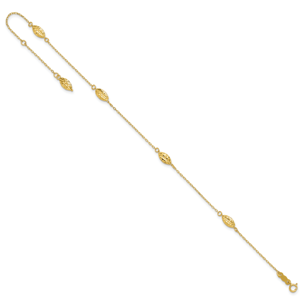 14k Diamond-cut Rice Puff Beads 4-Station 9 inch Plus 1 inch Extender - Total 10 inch Anklet - Sophia Jewelers