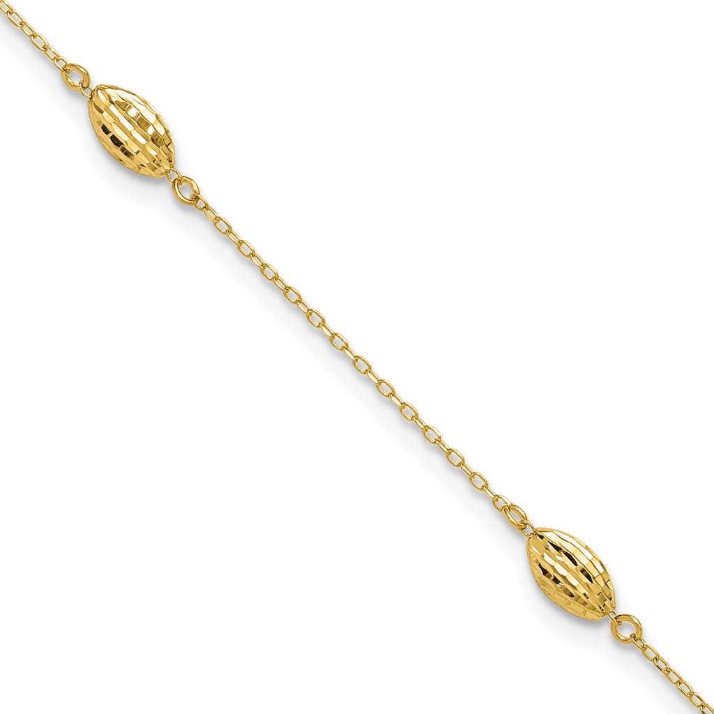 14k Diamond-cut Rice Puff Beads 4-Station 9 inch Plus 1 inch Extender - Total 10 inch Anklet - Sophia Jewelers