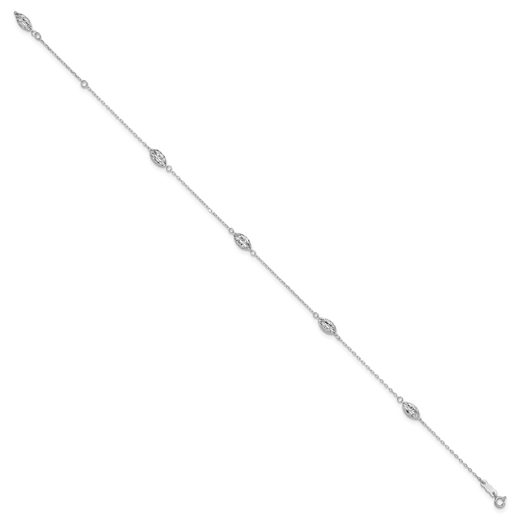 14k White Gold Diamond-cut Rice Puff Beads 4-Station 9 inch Plus 1 inch Extender - Total 10 inch Ank - Sophia Jewelers