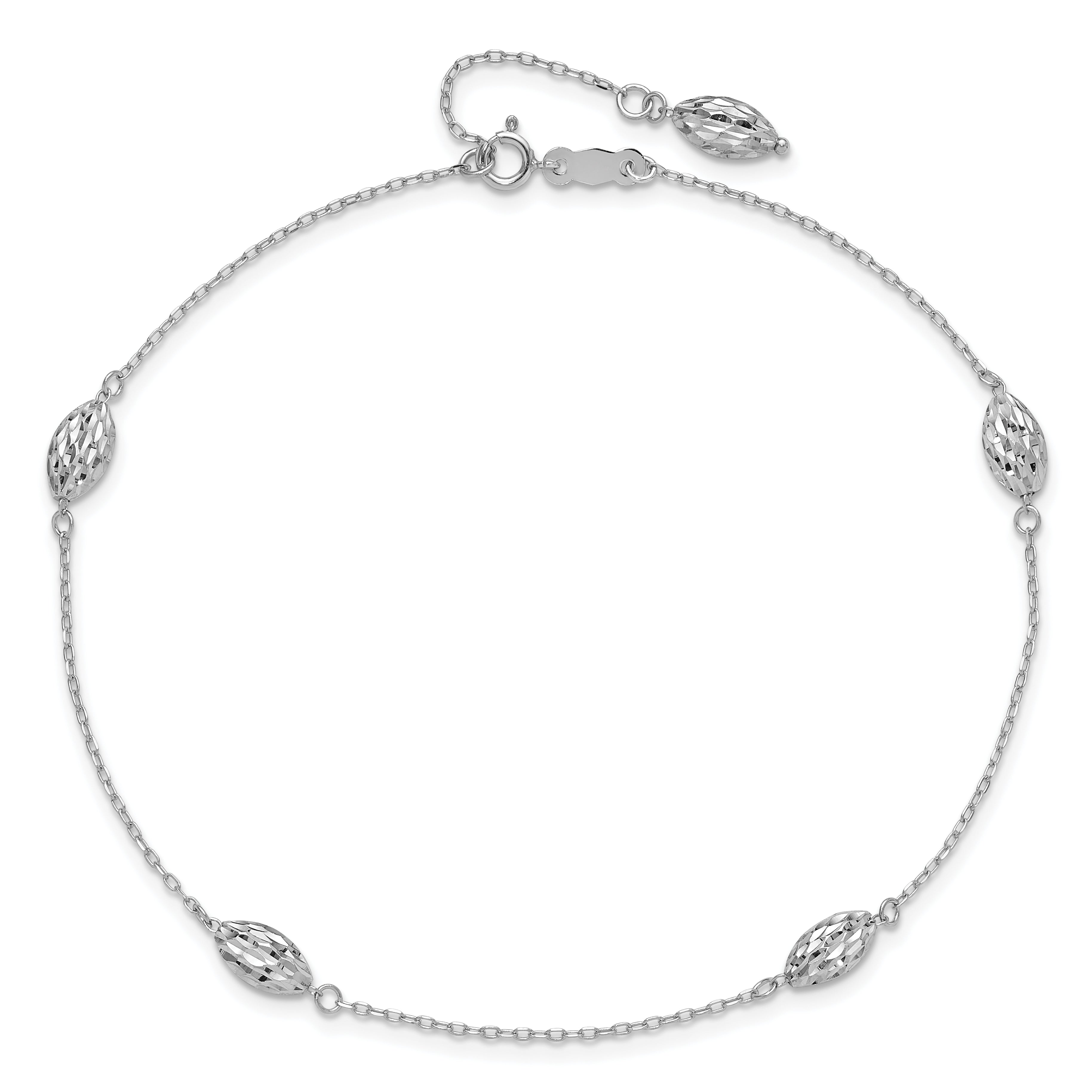 14k White Gold Diamond-cut Rice Puff Beads 4-Station 9 inch Plus 1 inch Extender - Total 10 inch Ank - Sophia Jewelers