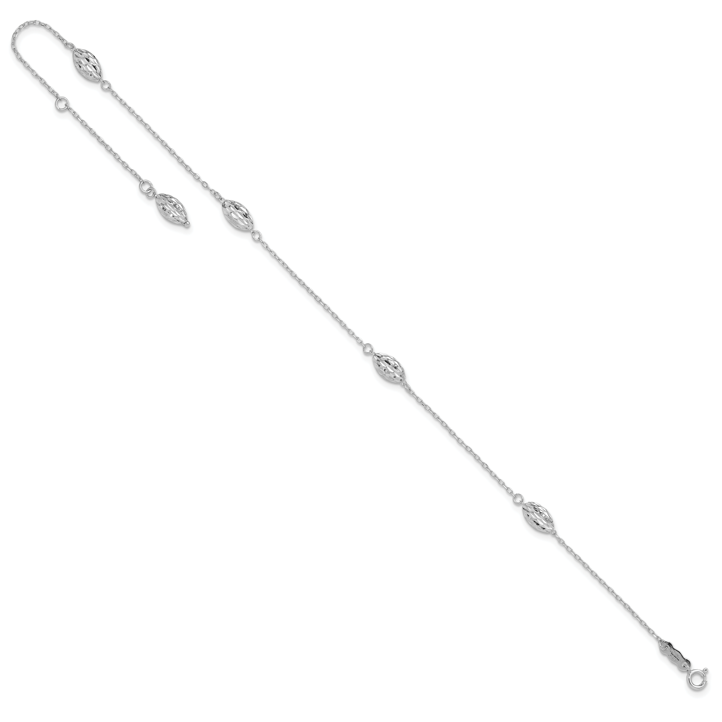 14k White Gold Diamond-cut Rice Puff Beads 4-Station 9 inch Plus 1 inch Extender - Total 10 inch Ank - Sophia Jewelers