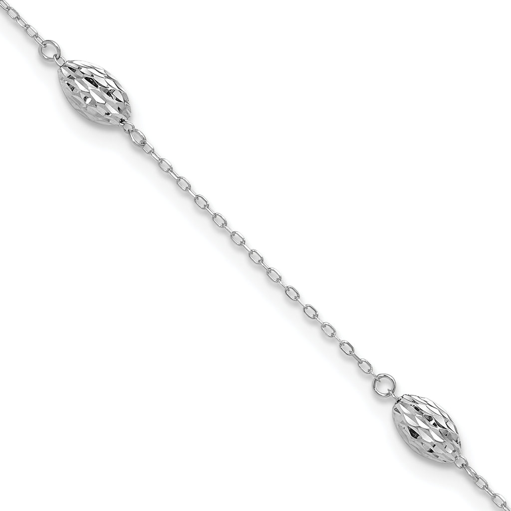 14k White Gold Diamond-cut Rice Puff Beads 4-Station 9 inch Plus 1 inch Extender - Total 10 inch Ank - Sophia Jewelers