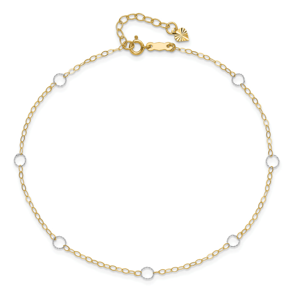14k Two-tone Circles 7-Station 10 inch Plus 1 inch Extender - Total 11 inch Anklet - Sophia Jewelers