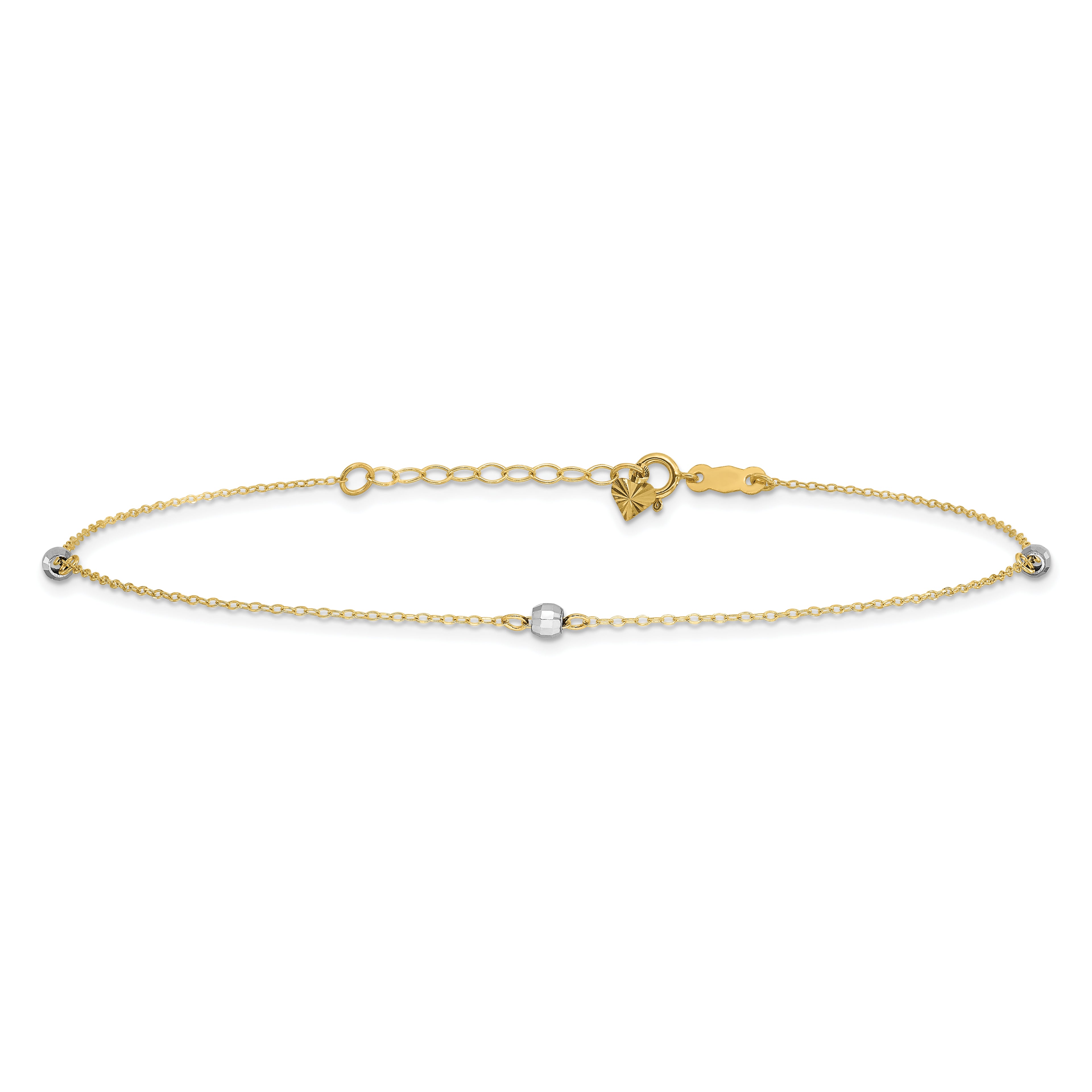 14k Two-tone Mirror Beads 3-Station 9 inch Plus 1 inch Extender - Total 10 inch Anklet - Sophia Jewelers