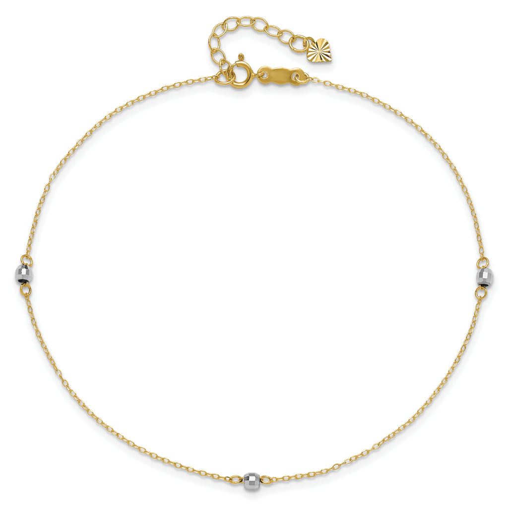 14k Two-tone Mirror Beads 3-Station 9 inch Plus 1 inch Extender - Total 10 inch Anklet - Sophia Jewelers
