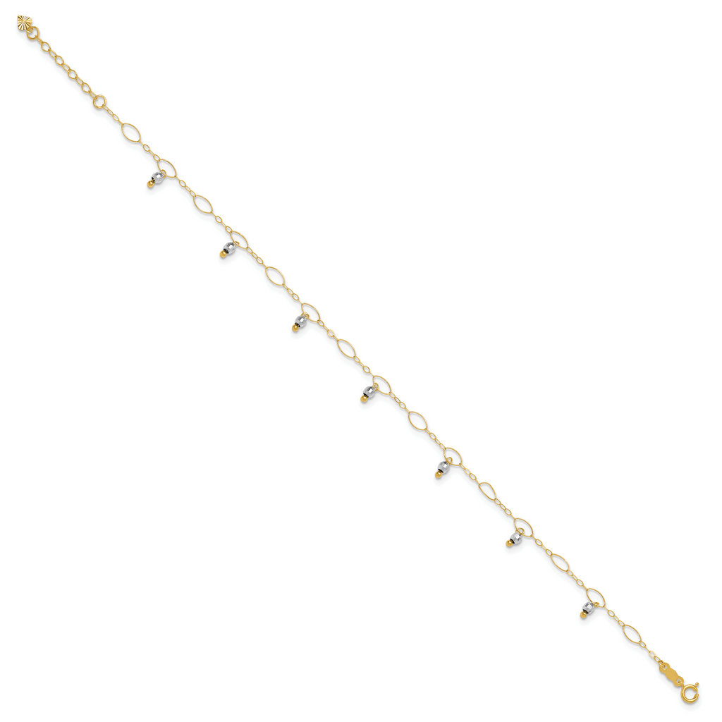 14K Two-Tone Mirror Bead Dangles 9 inch Plus 1 inch Extender - Total 10 inch Anklet - Sophia Jewelers
