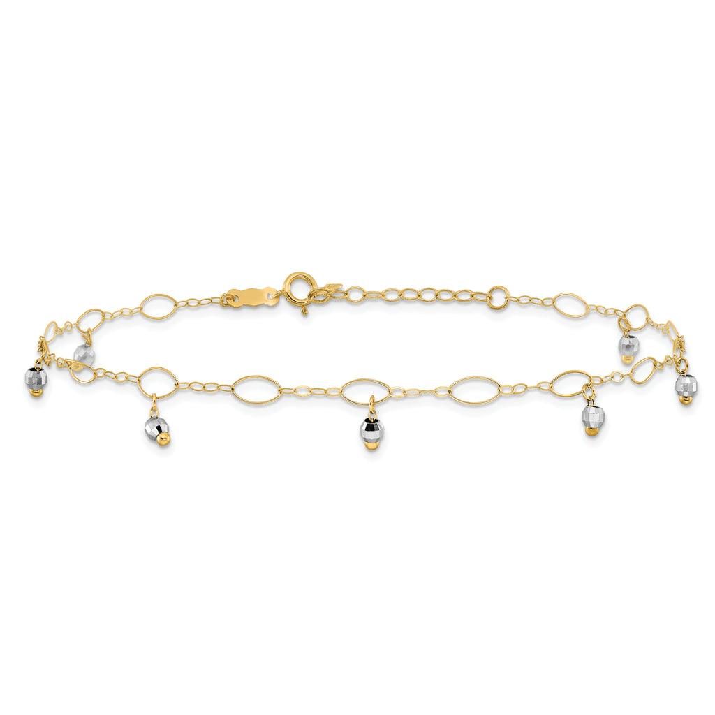 14K Two-Tone Mirror Bead Dangles 9 inch Plus 1 inch Extender - Total 10 inch Anklet - Sophia Jewelers