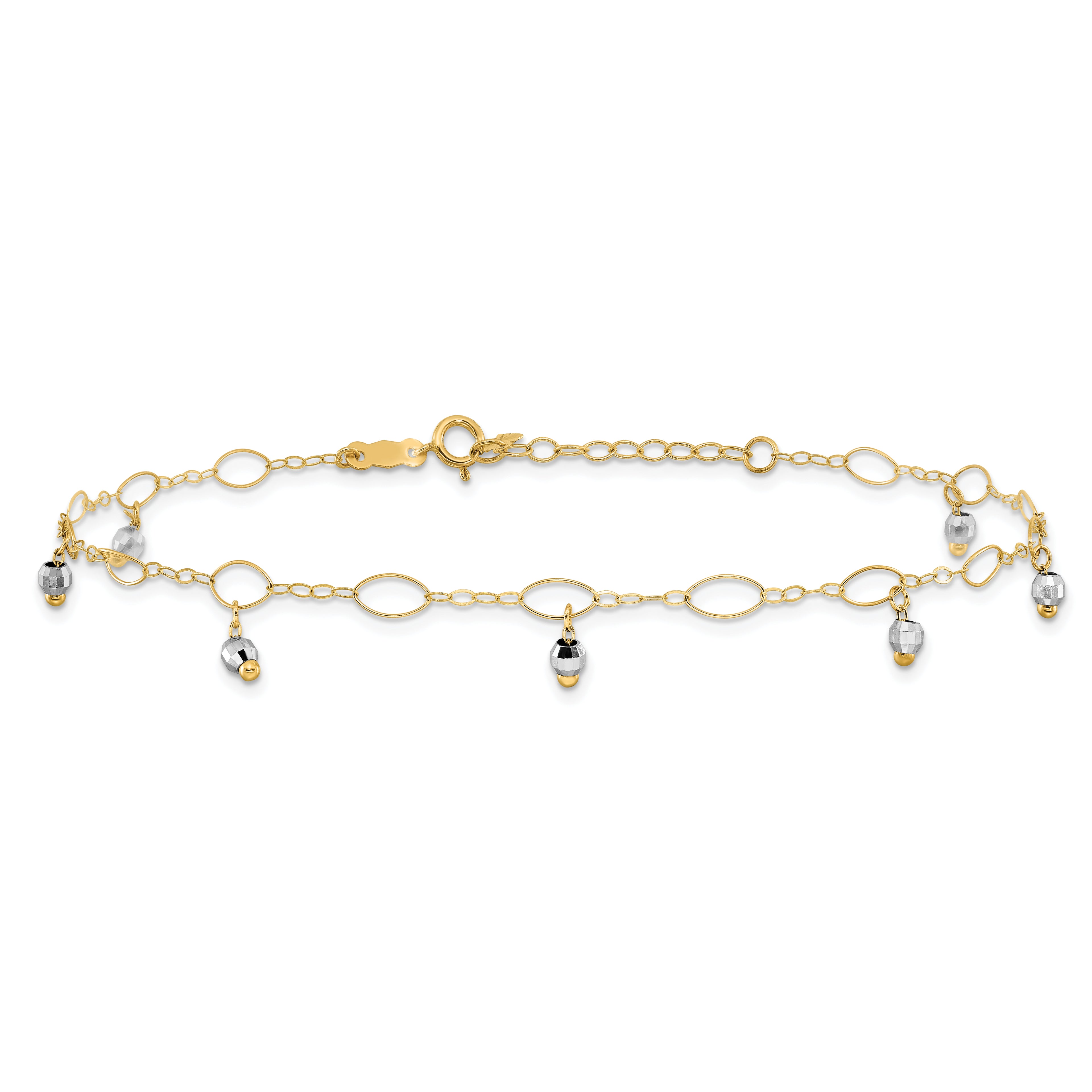 14K Two-Tone Mirror Bead Dangles 9 inch Plus 1 inch Extender - Total 10 inch Anklet - Sophia Jewelers