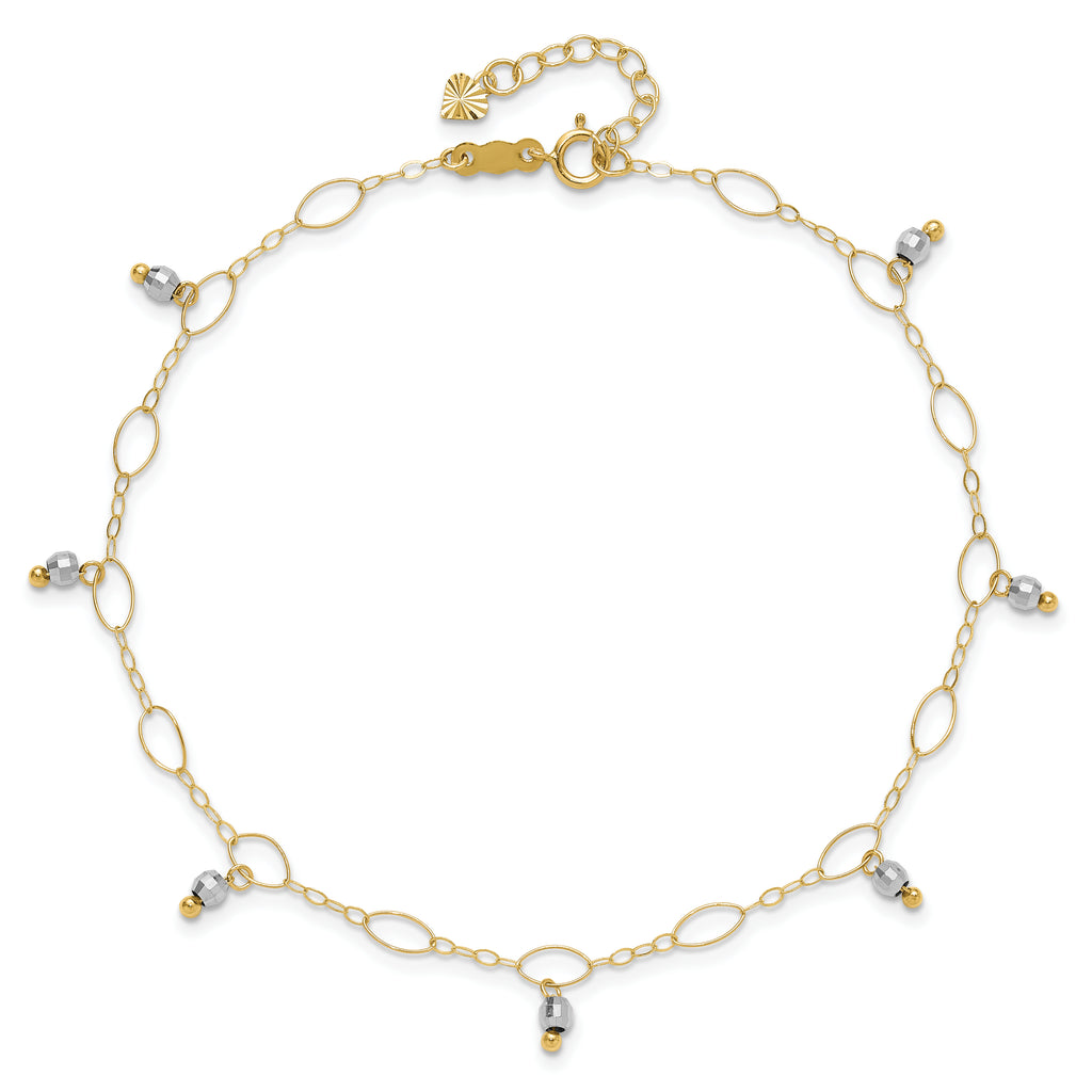 14K Two-Tone Mirror Bead Dangles 9 inch Plus 1 inch Extender - Total 10 inch Anklet - Sophia Jewelers