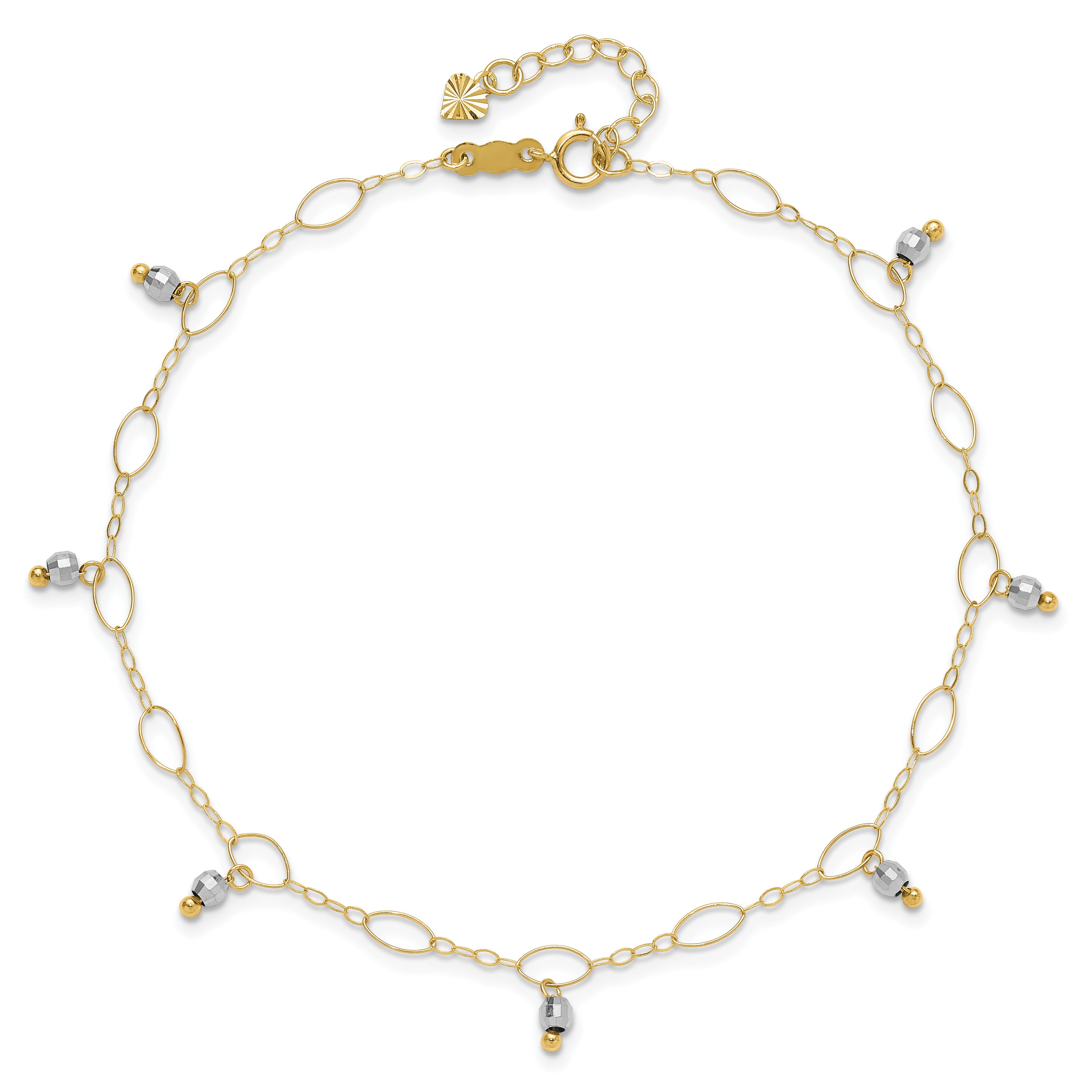 14K Two-Tone Mirror Bead Dangles 9 inch Plus 1 inch Extender - Total 10 inch Anklet - Sophia Jewelers