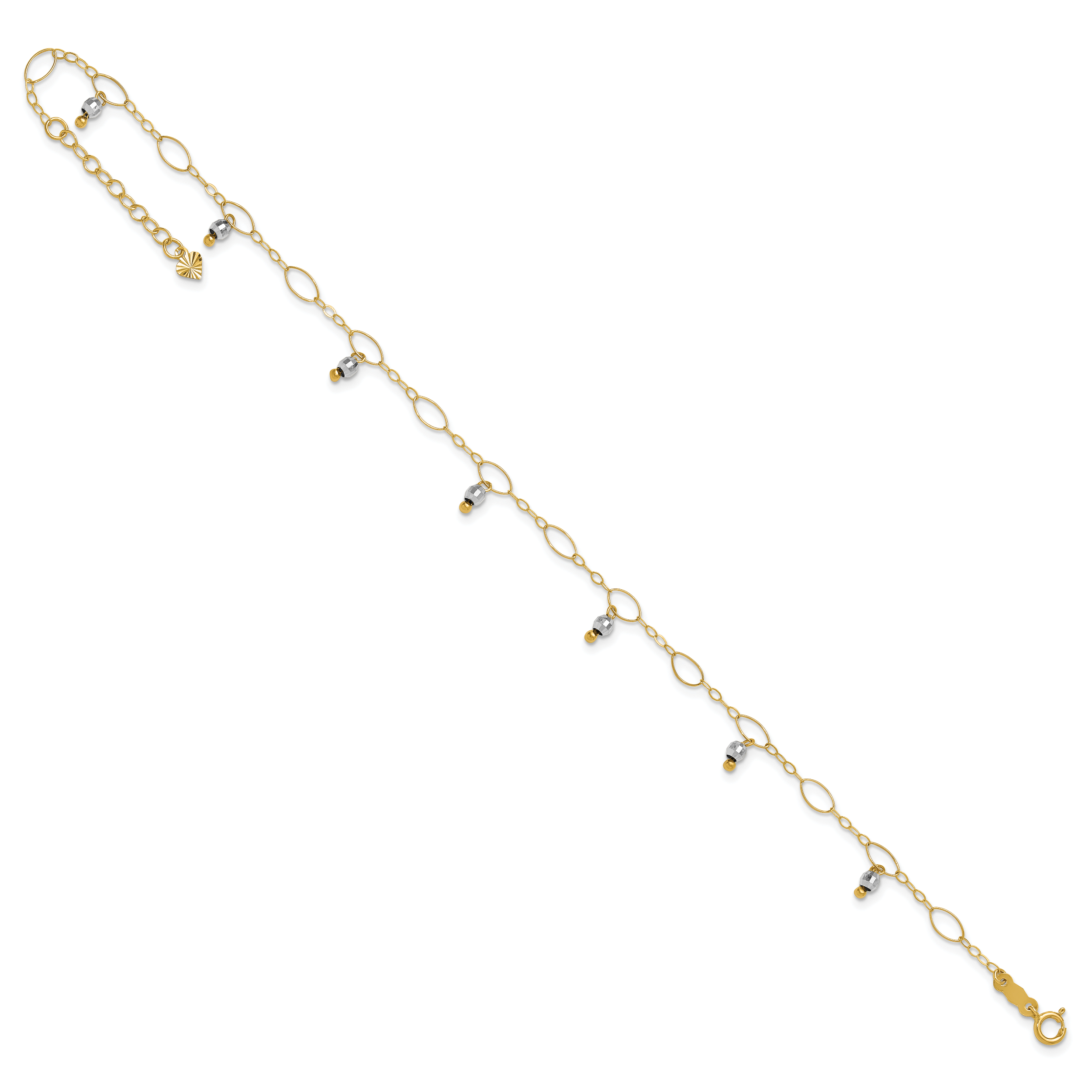 14K Two-Tone Mirror Bead Dangles 9 inch Plus 1 inch Extender - Total 10 inch Anklet - Sophia Jewelers