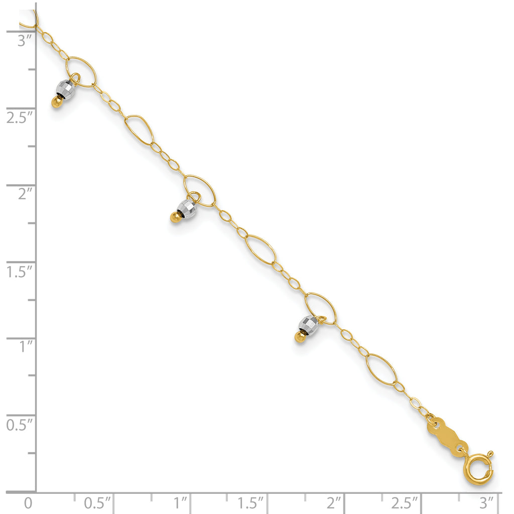 14K Two-Tone Mirror Bead Dangles 9 inch Plus 1 inch Extender - Total 10 inch Anklet - Sophia Jewelers