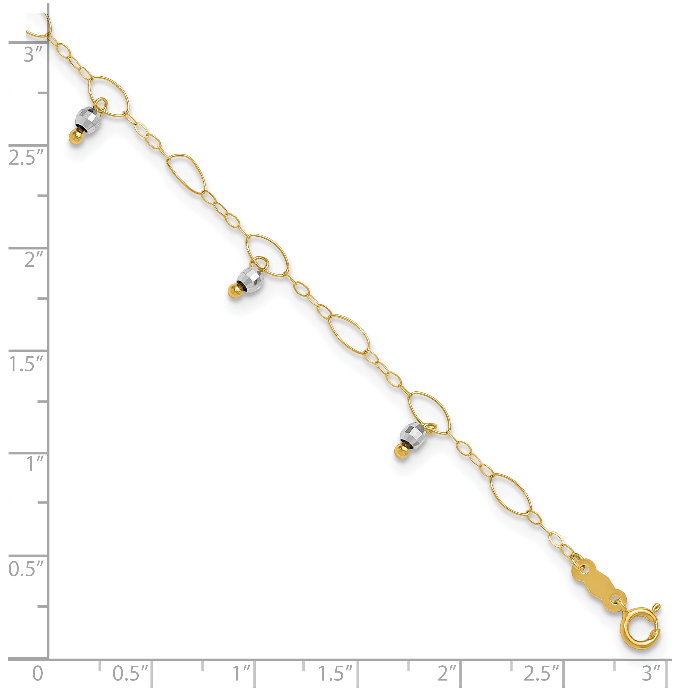 14K Two-Tone Mirror Bead Dangles 9 inch Plus 1 inch Extender - Total 10 inch Anklet - Sophia Jewelers