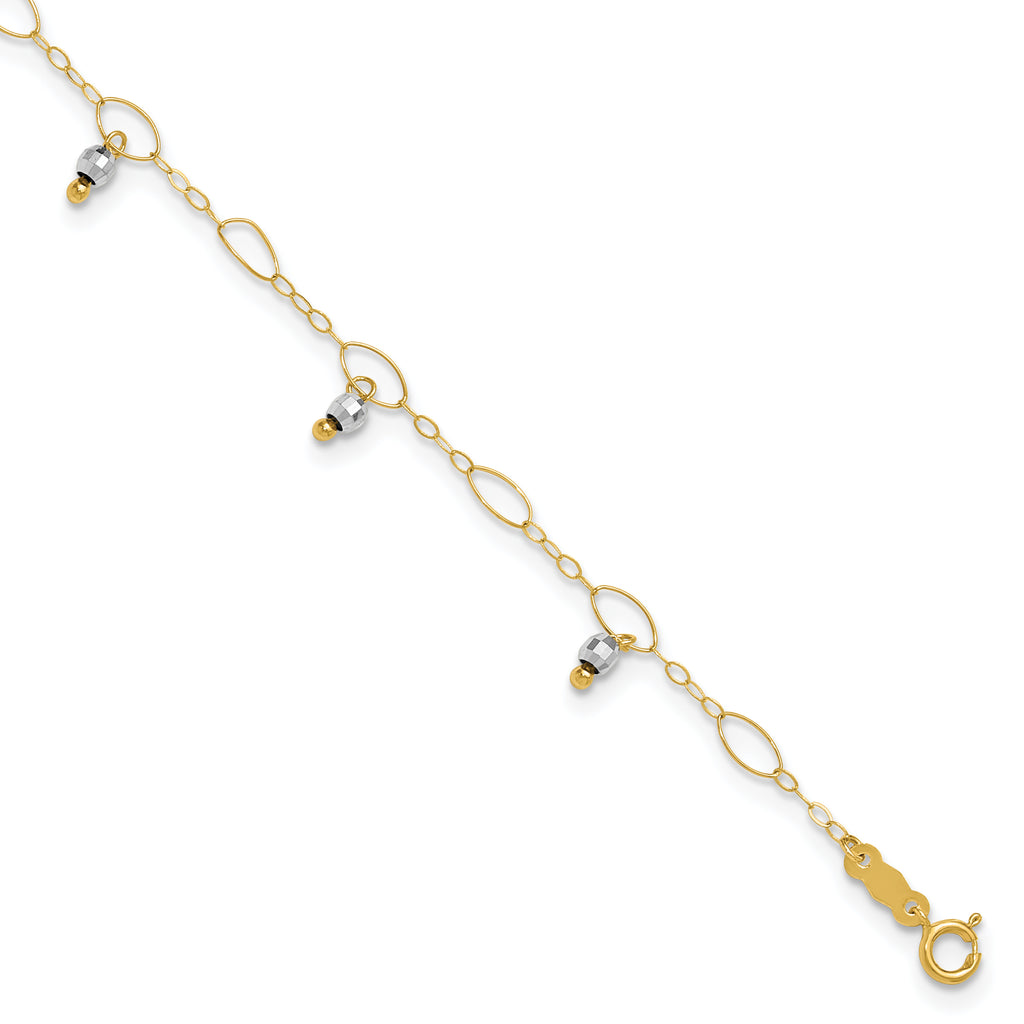 14K Two-Tone Mirror Bead Dangles 9 inch Plus 1 inch Extender - Total 10 inch Anklet - Sophia Jewelers