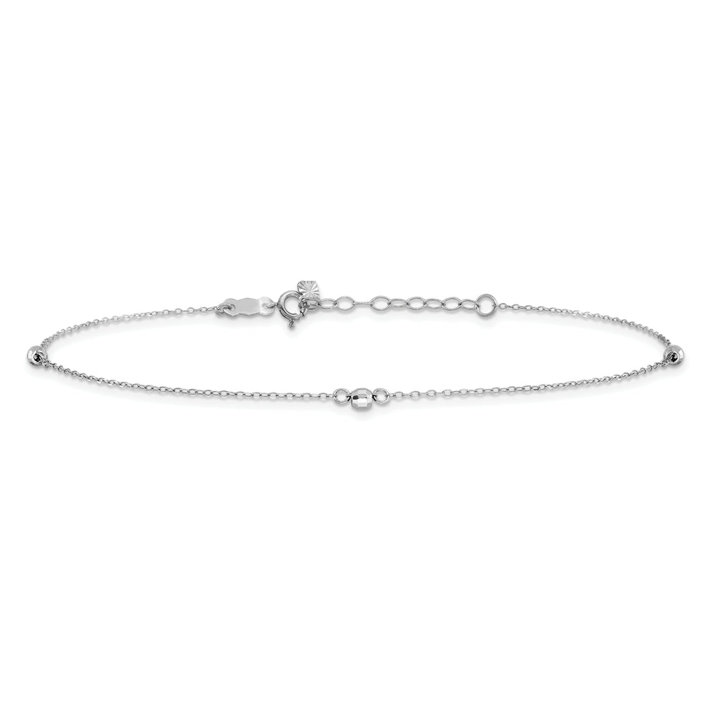 14K White Gold Mirror Beads 3-Station 9 inch Plus 1 inch Extender - Total 10 inch Anklet - Sophia Jewelers