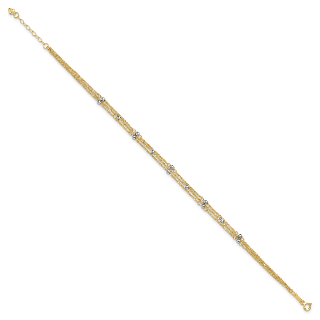 14k Two-tone 3-Strand Chain with Mirror Beads 9 inch Plus 1 inch Extender - Total 10 inch Anklet - Sophia Jewelers