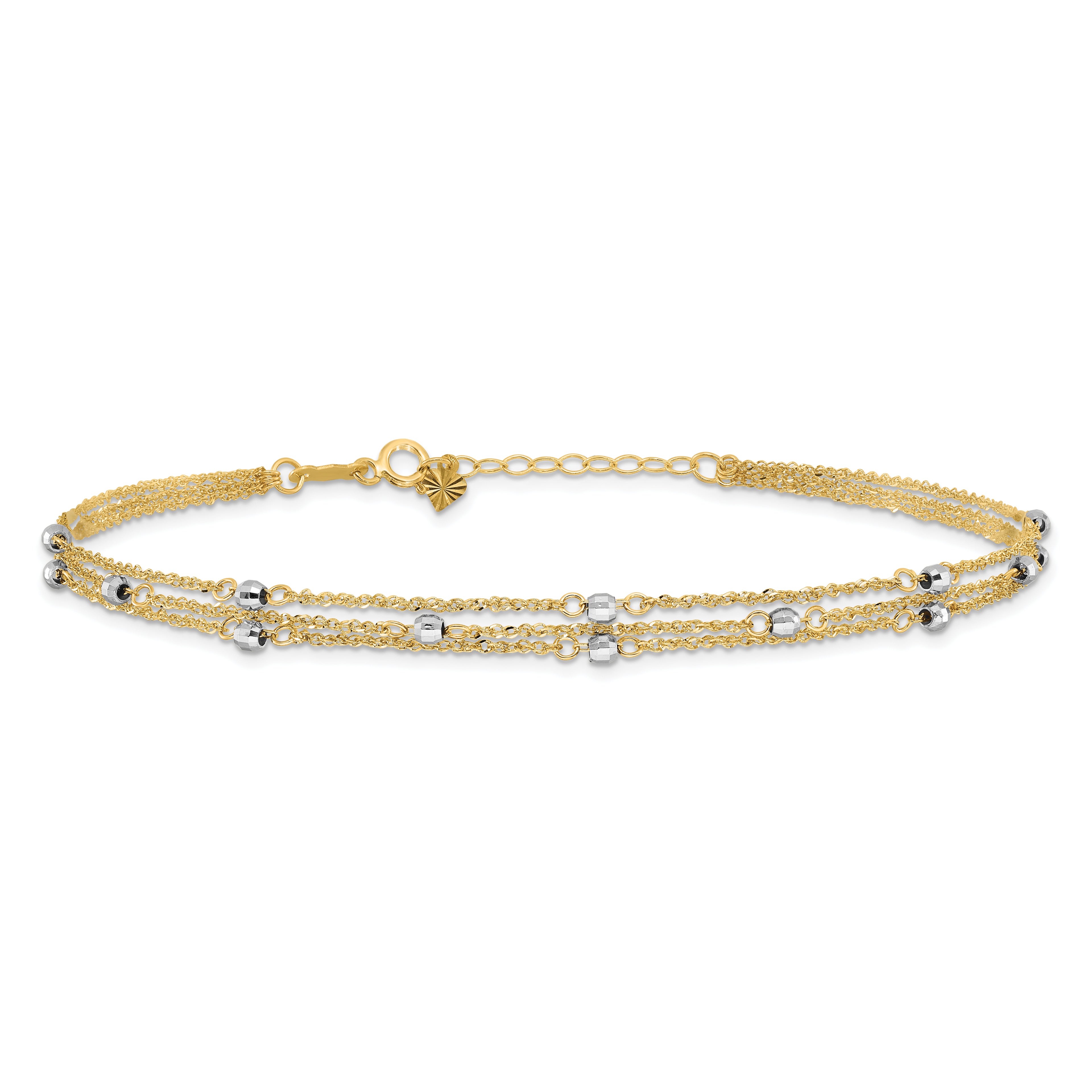 14k Two-tone 3-Strand Chain with Mirror Beads 9 inch Plus 1 inch Extender - Total 10 inch Anklet - Sophia Jewelers