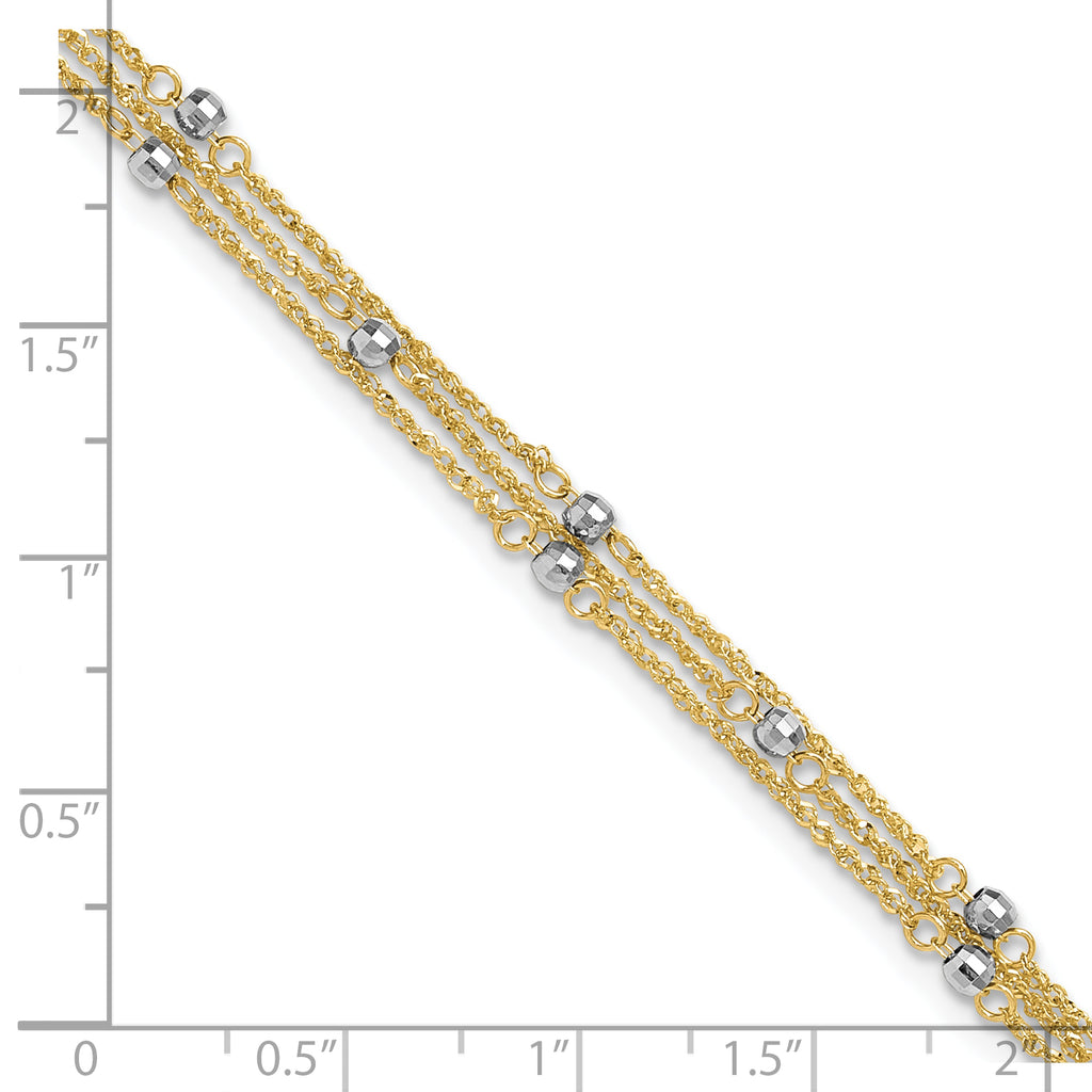 14k Two-tone 3-Strand Chain with Mirror Beads 9 inch Plus 1 inch Extender - Total 10 inch Anklet - Sophia Jewelers
