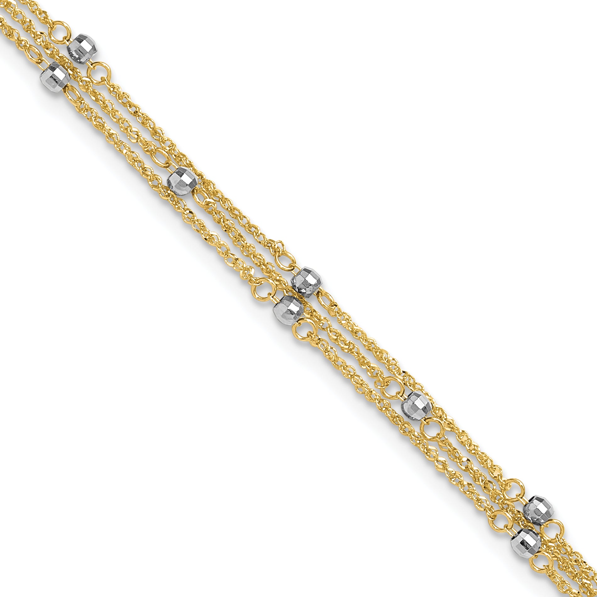 14k Two-tone 3-Strand Chain with Mirror Beads 9 inch Plus 1 inch Extender - Total 10 inch Anklet - Sophia Jewelers Main image