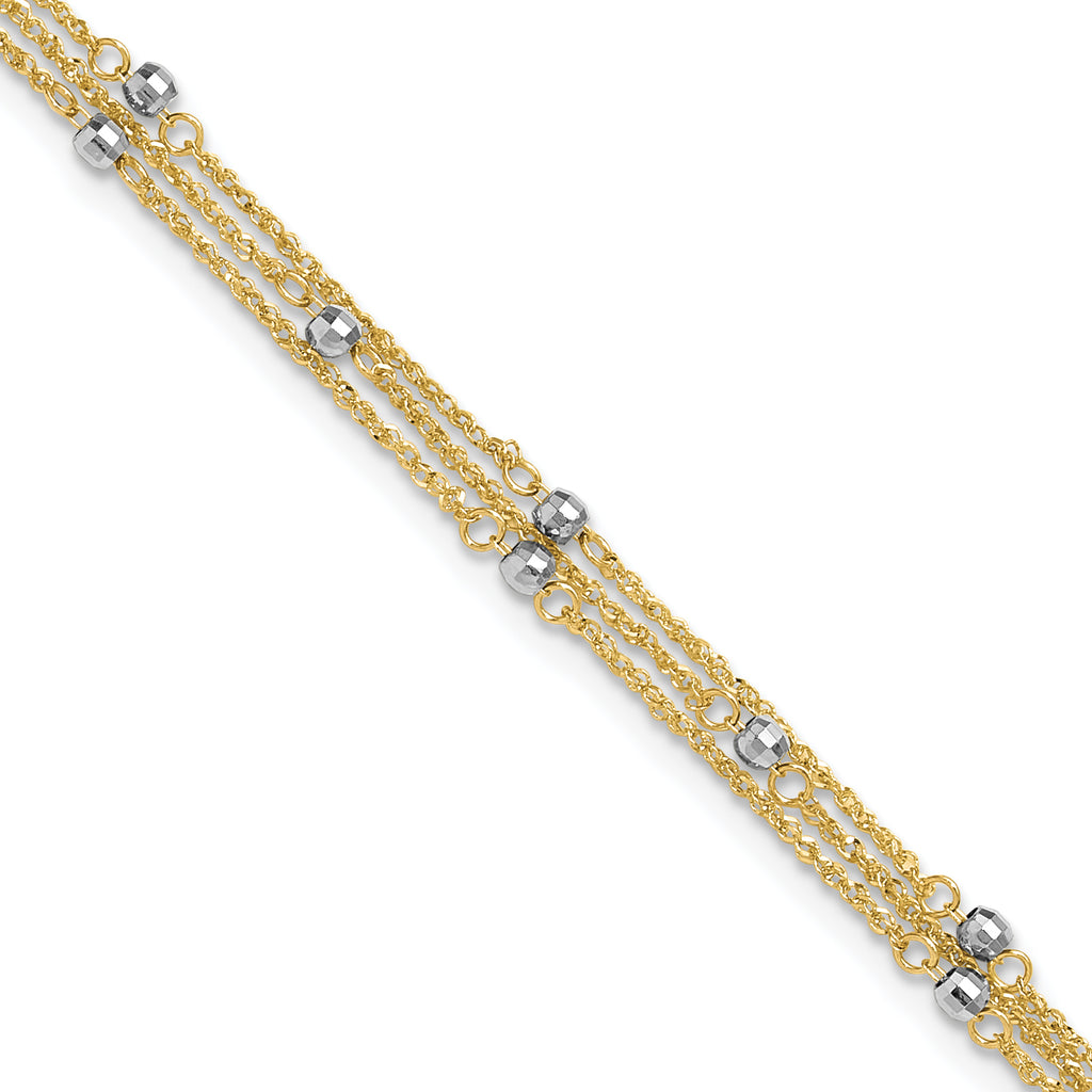 14k Two-tone 3-Strand Chain with Mirror Beads 9 inch Plus 1 inch Extender - Total 10 inch Anklet - Sophia Jewelers