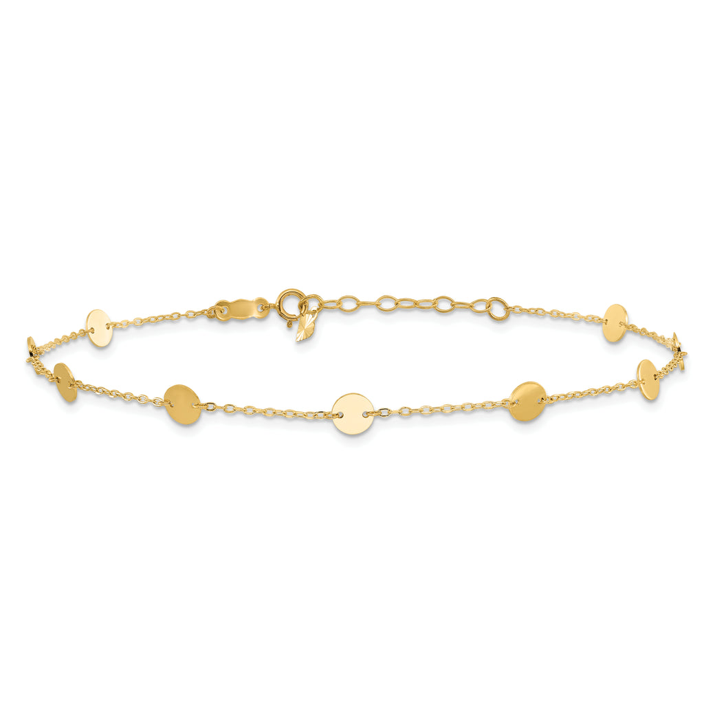 14K Polished Disc 9-Station 9 inch Plus 1 inch Extender - Total 10 inch Anklet - Sophia Jewelers
