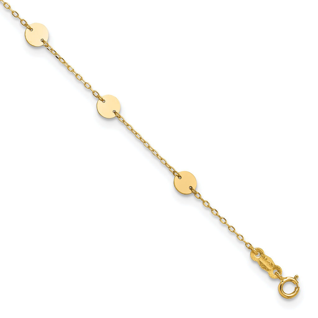 14K Polished Disc 9-Station 9 inch Plus 1 inch Extender - Total 10 inch Anklet - Sophia Jewelers