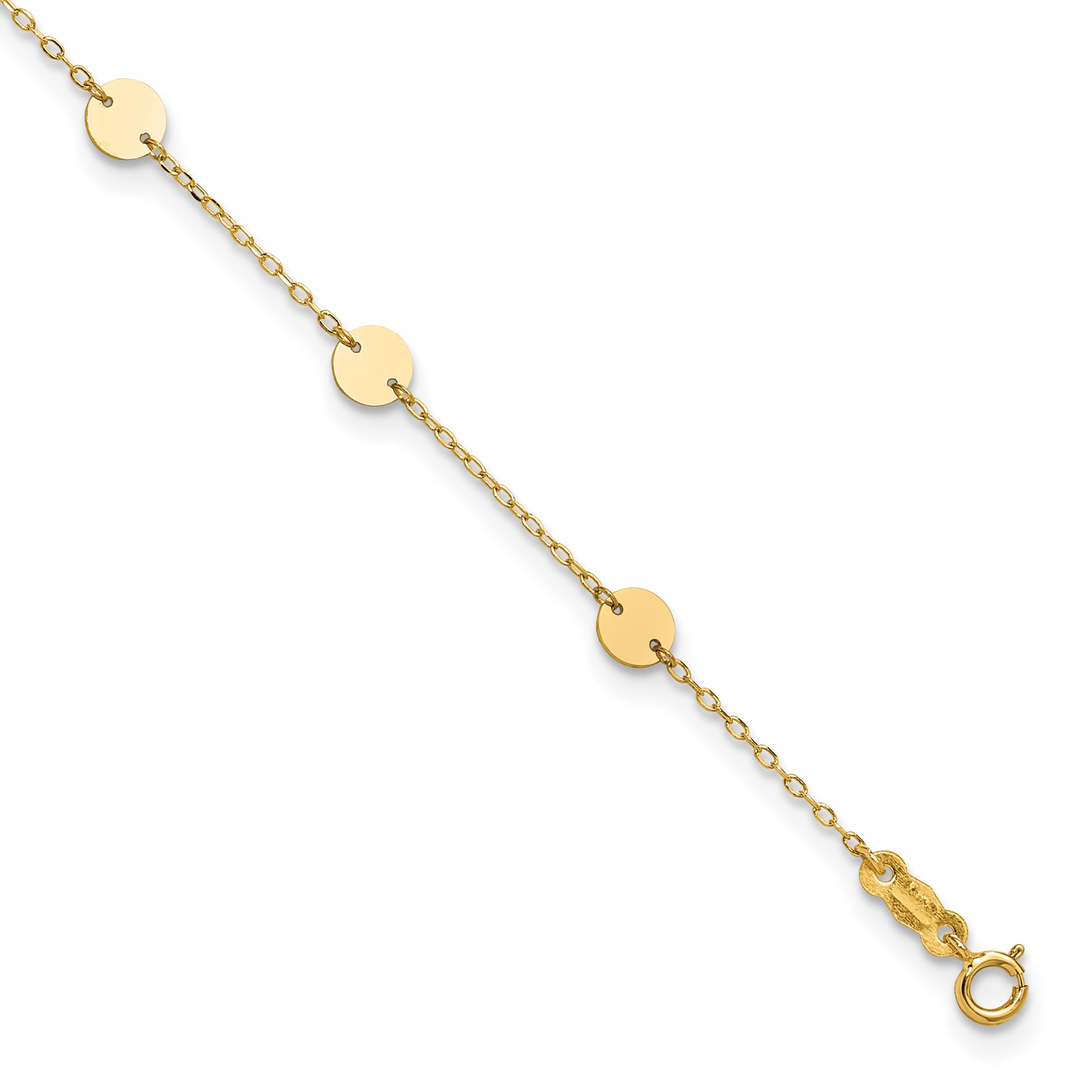 14K Polished Disc 9-Station 9 inch Plus 1 inch Extender - Total 10 inch Anklet - Sophia Jewelers