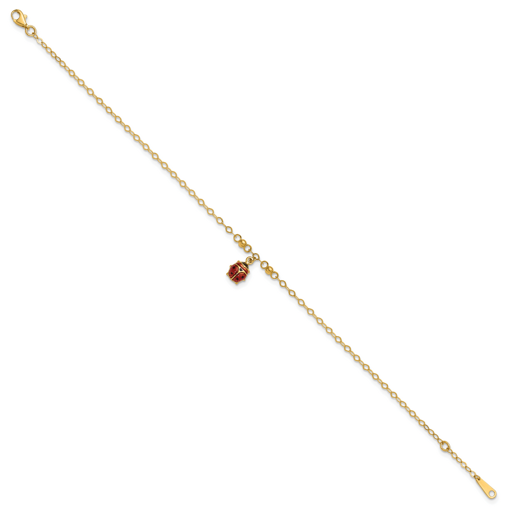 14K Red and Black Enameled Ladybug 9 inch Plus 1 inch Extender - Total 10 inch Anklet - Sophia Jewelers