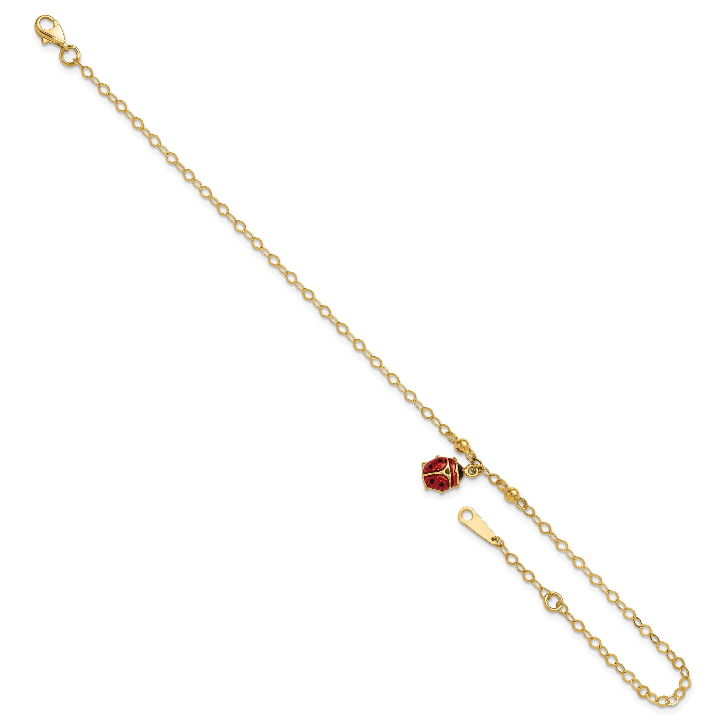 14K Red and Black Enameled Ladybug 9 inch Plus 1 inch Extender - Total 10 inch Anklet - Sophia Jewelers