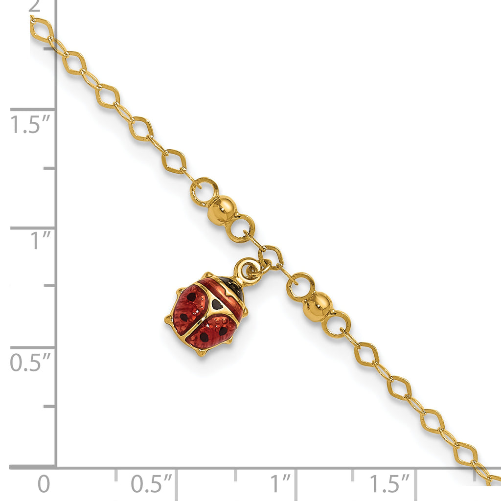 14K Red and Black Enameled Ladybug 9 inch Plus 1 inch Extender - Total 10 inch Anklet - Sophia Jewelers