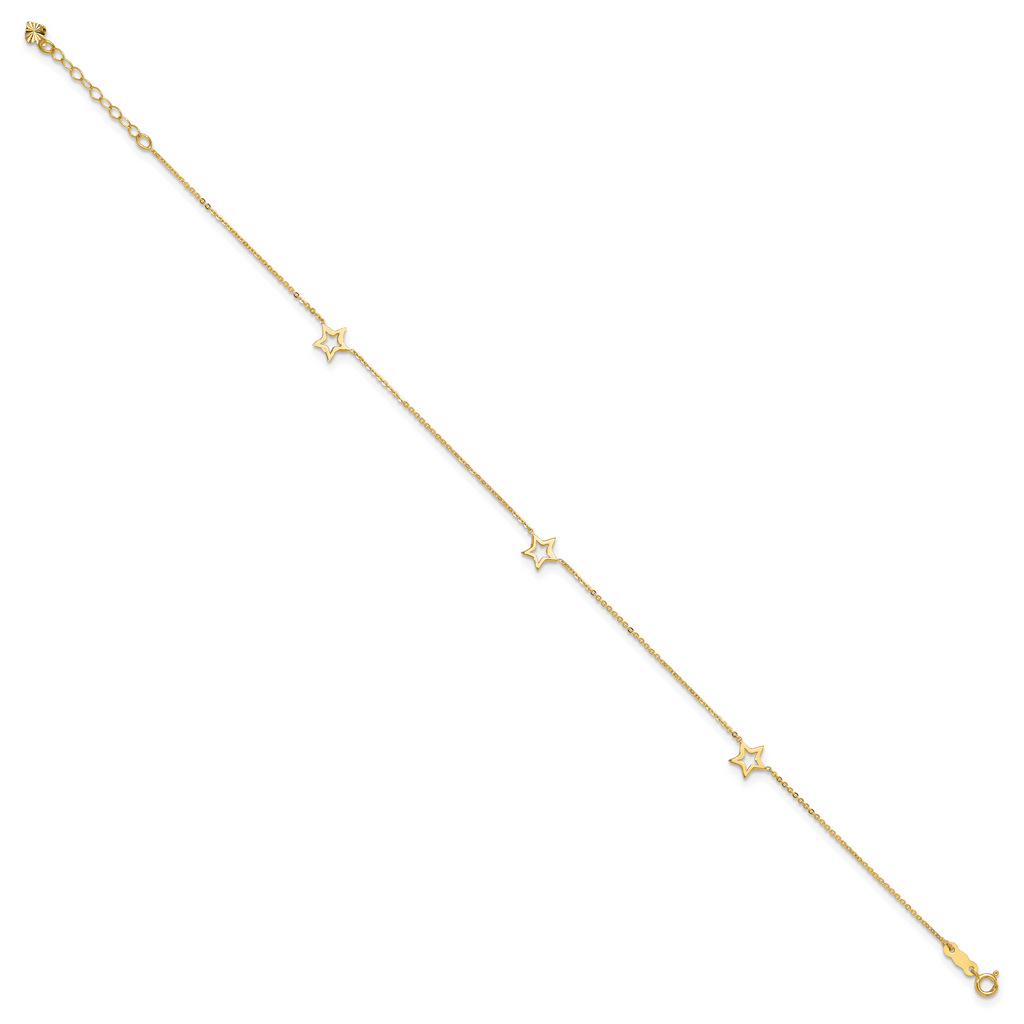 14K Open Star 3-Station 9 inch Plus 1 inch Extender - Total 10 inch Anklet - Sophia Jewelers