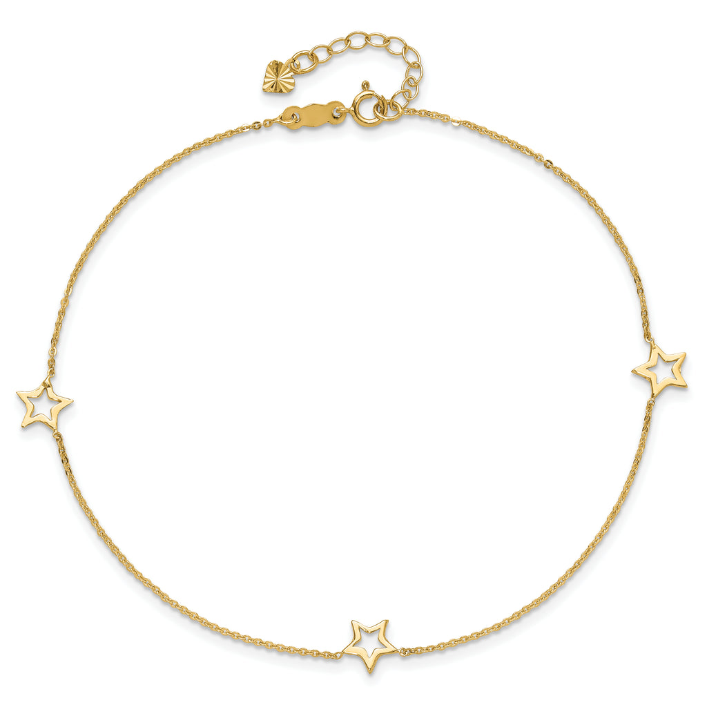14K Open Star 3-Station 9 inch Plus 1 inch Extender - Total 10 inch Anklet - Sophia Jewelers