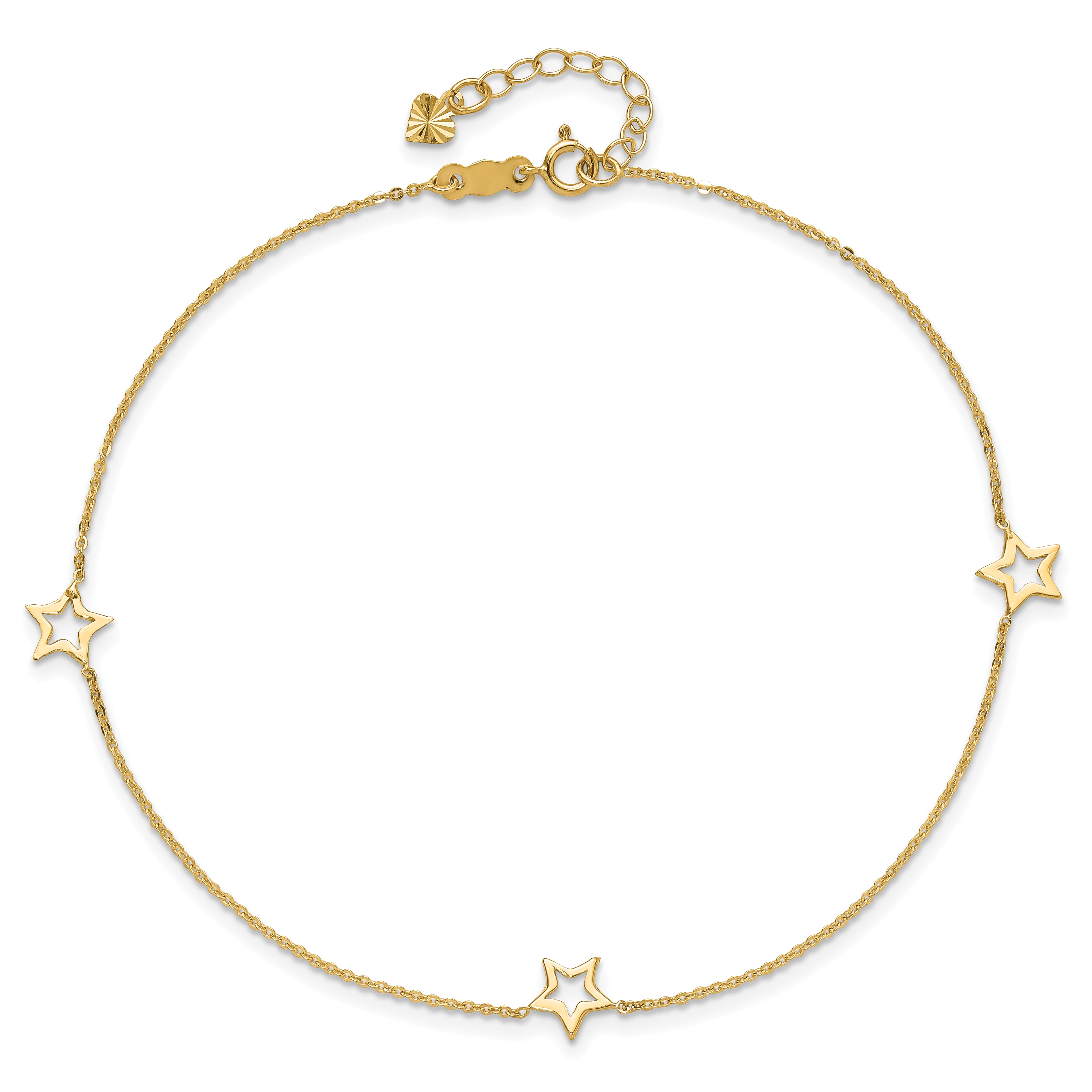 14K Open Star 3-Station 9 inch Plus 1 inch Extender - Total 10 inch Anklet - Sophia Jewelers