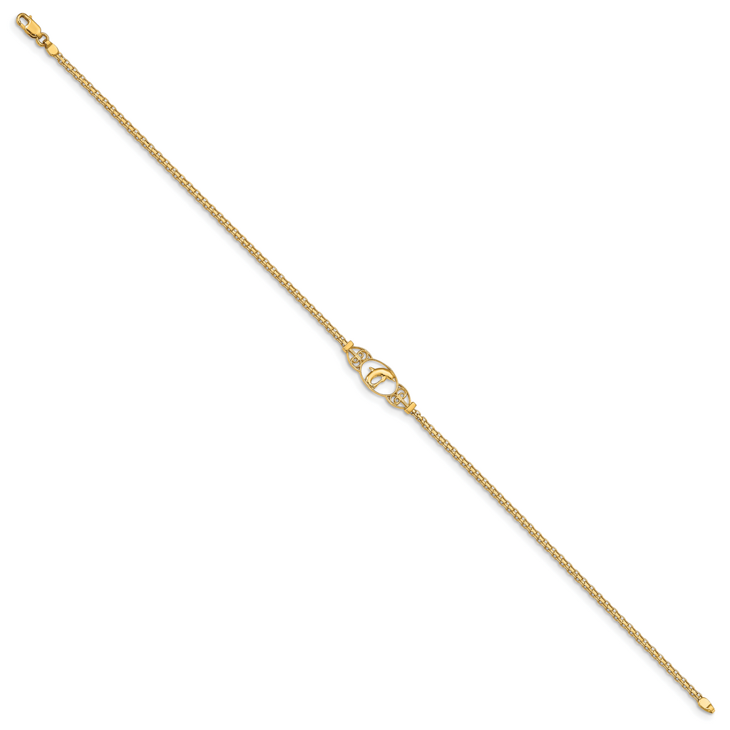 14k Polished Dolphin and Filigree Bismark Chain 9 inch Anklet - Sophia Jewelers
