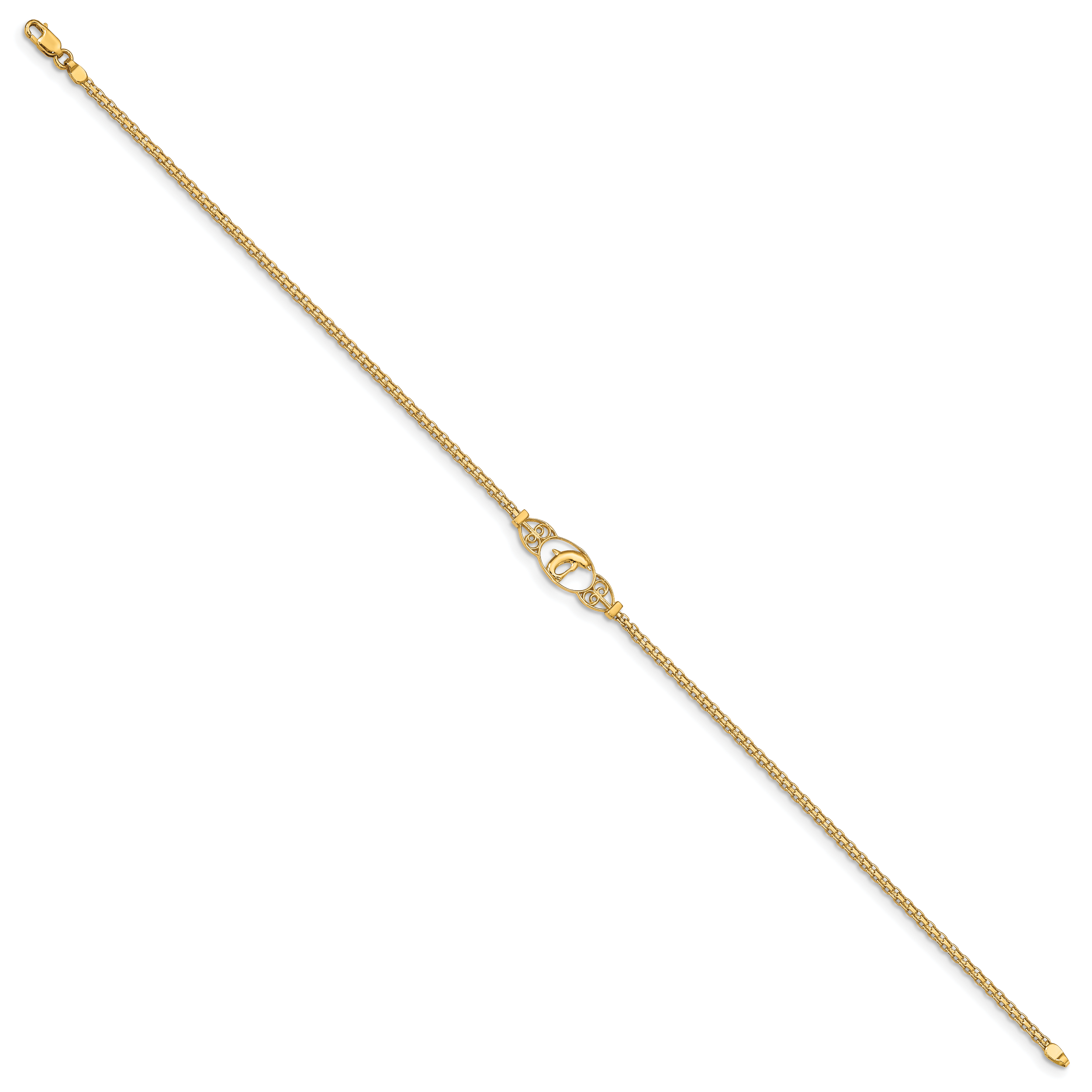 14k Polished Dolphin and Filigree Bismark Chain 9 inch Anklet - Sophia Jewelers