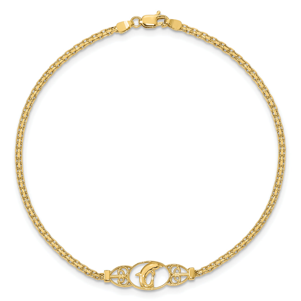 14k Polished Dolphin and Filigree Bismark Chain 9 inch Anklet - Sophia Jewelers