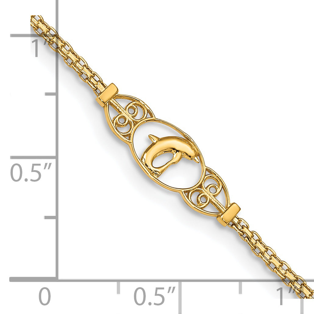 14k Polished Dolphin and Filigree Bismark Chain 9 inch Anklet Secondary image
