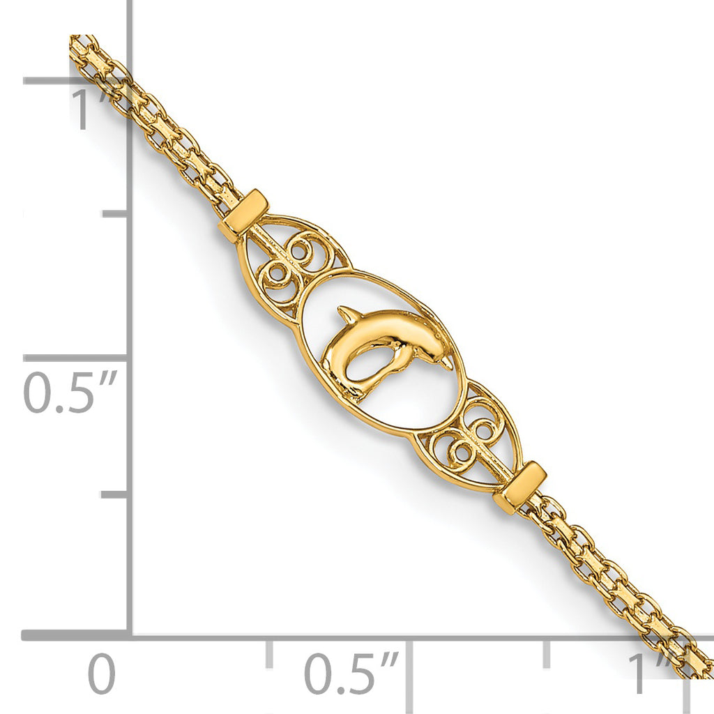 14k Polished Dolphin and Filigree Bismark Chain 9 inch Anklet - Sophia Jewelers