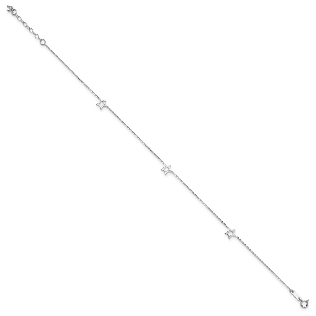 14K White Gold Open Star 3-Station 9 inch Plus 1 inch Extender - Total 10 inch Anklet - Sophia Jewelers