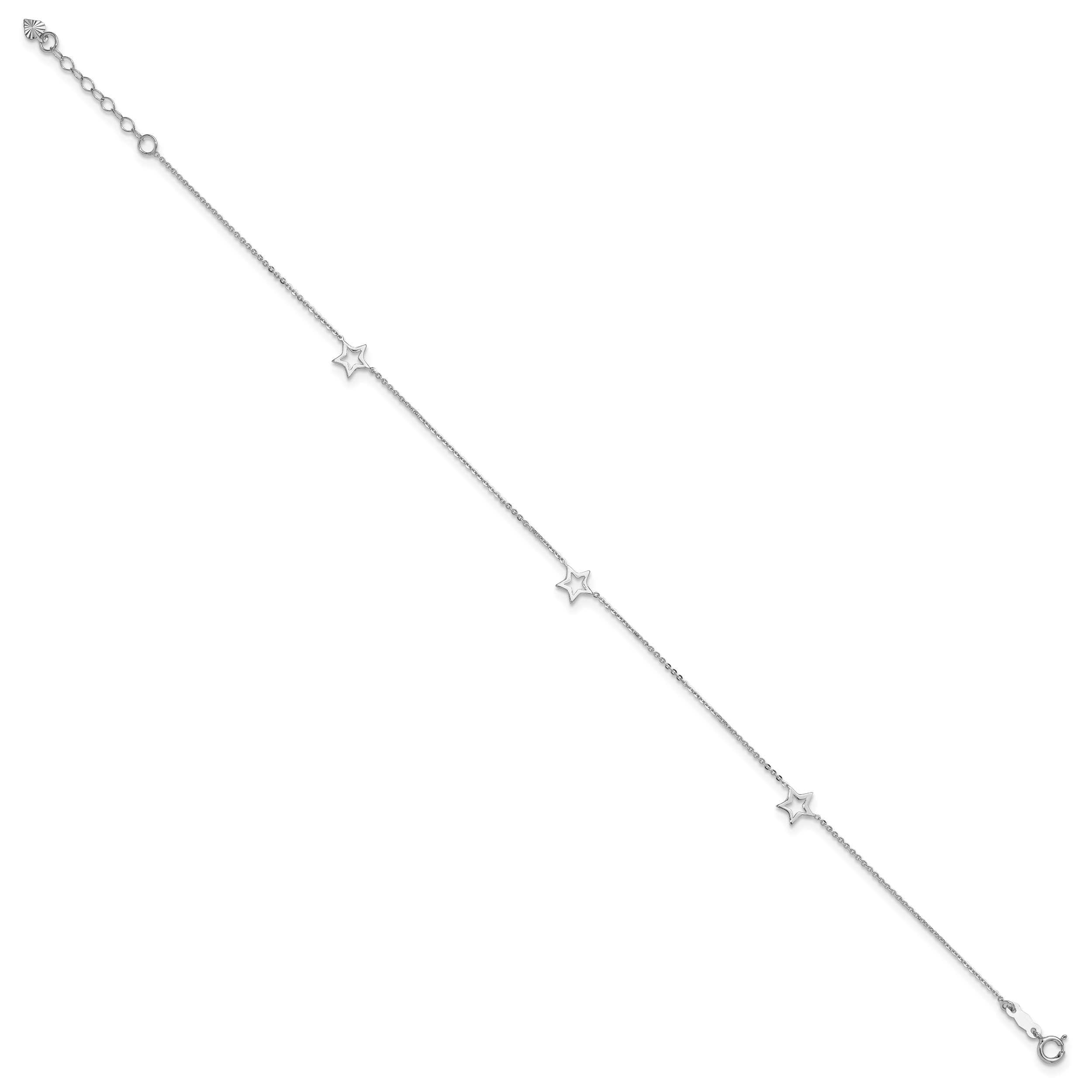 14K White Gold Open Star 3-Station 9 inch Plus 1 inch Extender - Total 10 inch Anklet - Sophia Jewelers