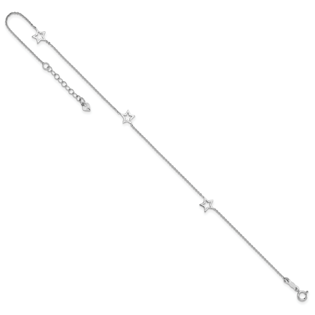 14K White Gold Open Star 3-Station 9 inch Plus 1 inch Extender - Total 10 inch Anklet - Sophia Jewelers