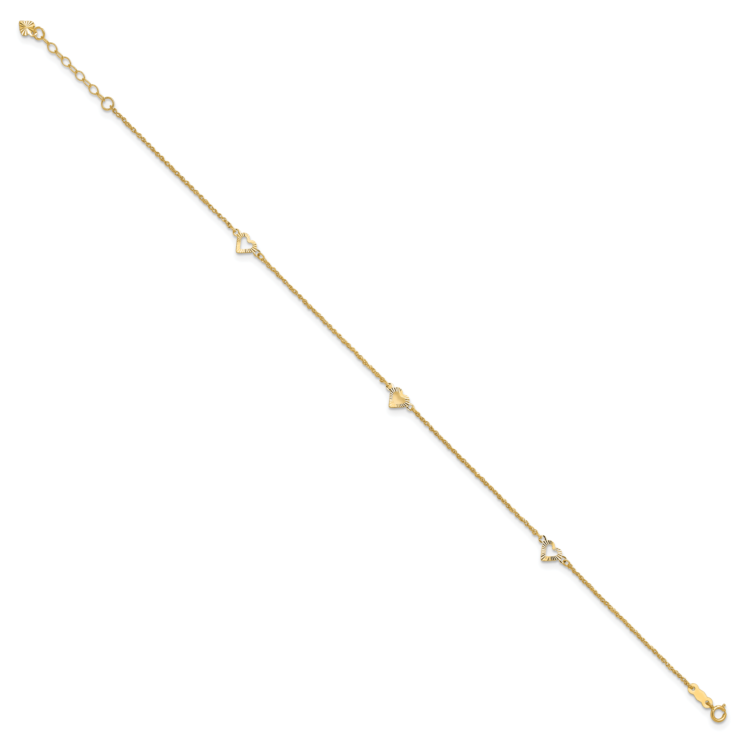 14k Diamond-cut Hearts 3-Station 9 inch Plus 1 inch Extender - Total 10 inch Anklet Secondary image